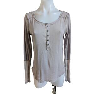 Free People Size Small Half Buttons Thermal Top Gray Cotton Blend Long Sleeves
